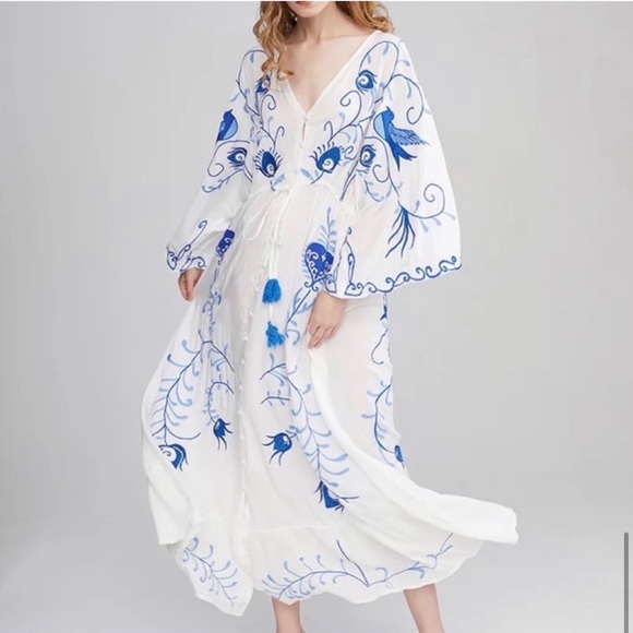 5 Star ⭐️ Favorite Boho Embroidered Blu Hearts Magic Kimono Blue Bird Maxi Dress - Picture 7 of 14